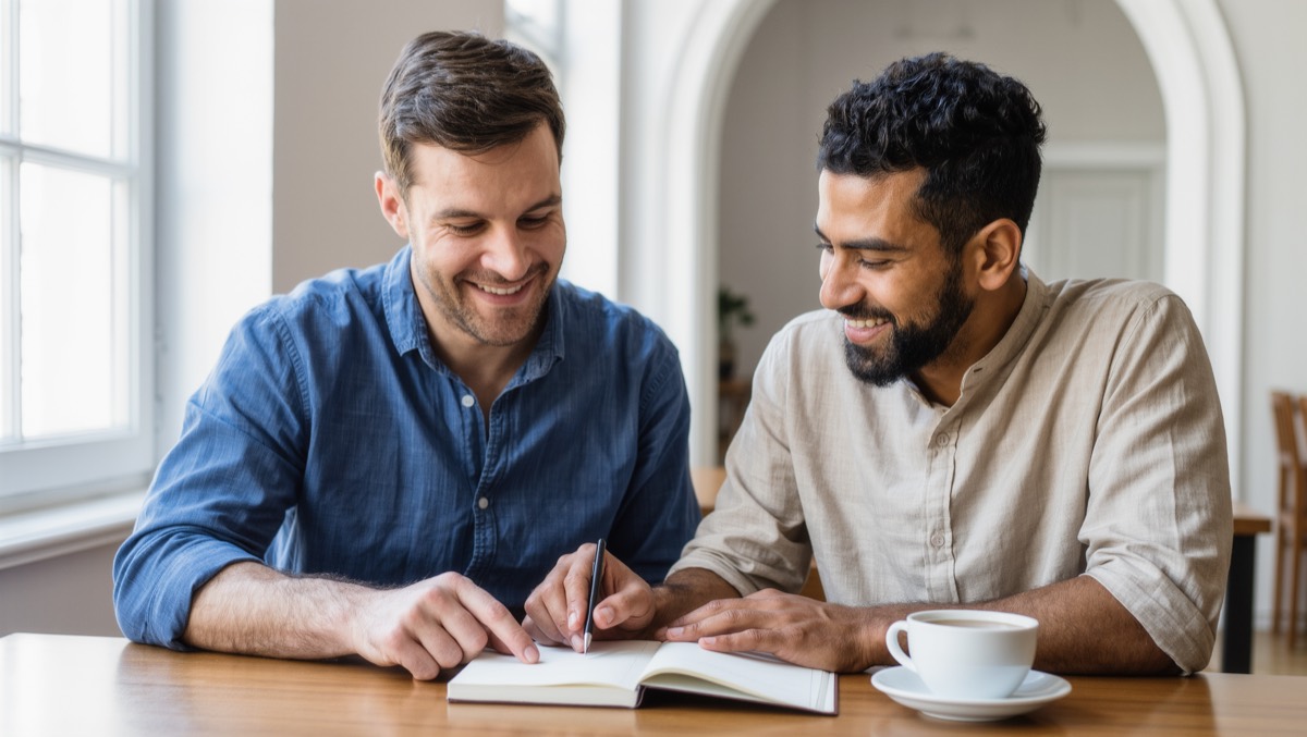 A tutor and a student smiling over a notebook during a first English lesson