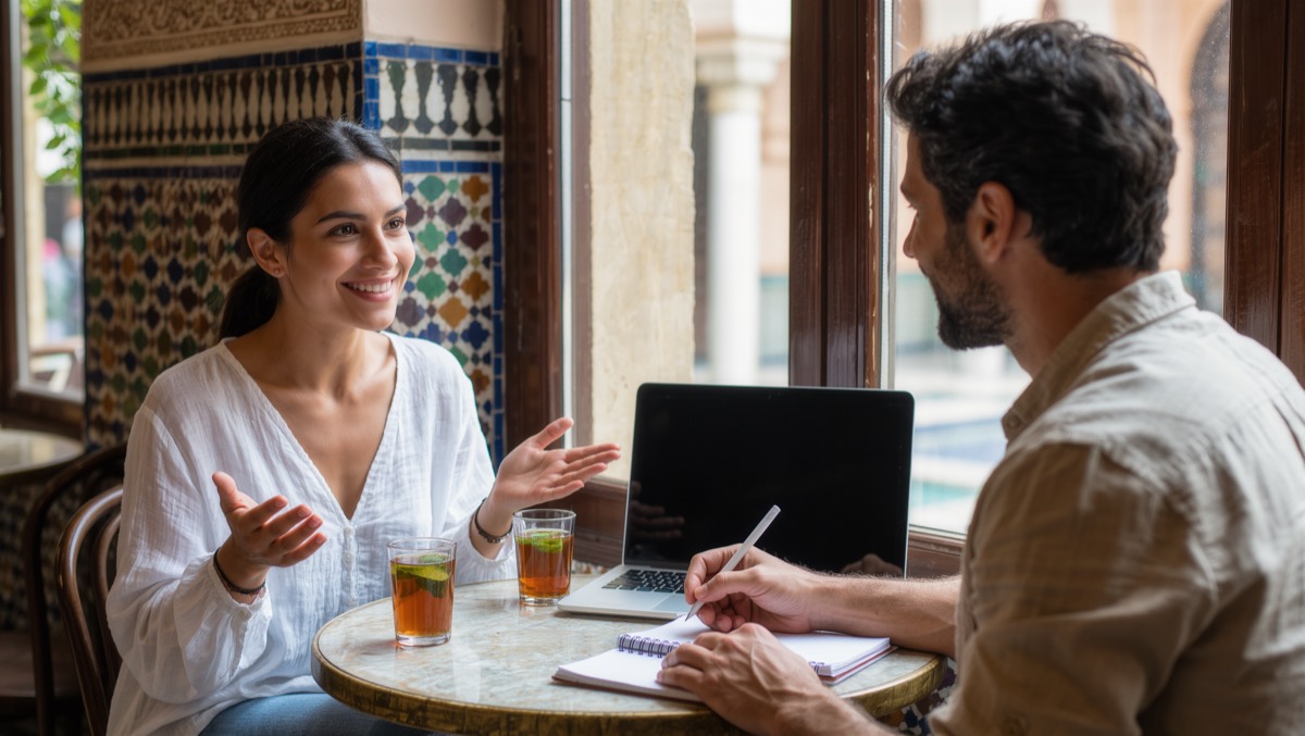 A student practising IELTS Speaking with a tutor at a table in a bright Marrakech cafe