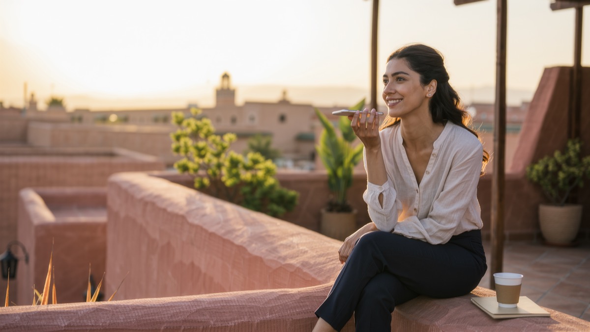 A young Moroccan professional recording a voice note on her phone on a sunny Marrakech terrace