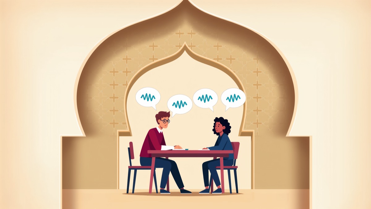 Illustration of speech bubbles and sound waves in front of a Moroccan arch: learning English in Marrakech