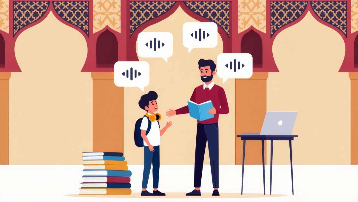 Illustration d'un prof et d'un ado avec des bulles de dialogue : cours d'anglais pour ados à Marrakech